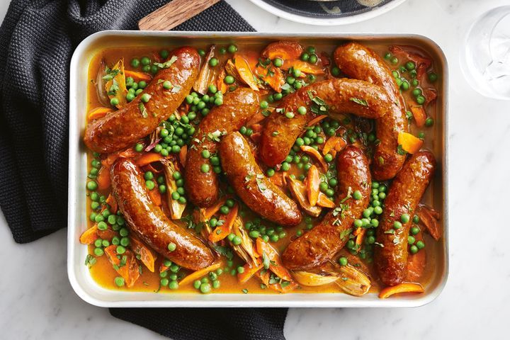 Curried sausages tray bake recipe